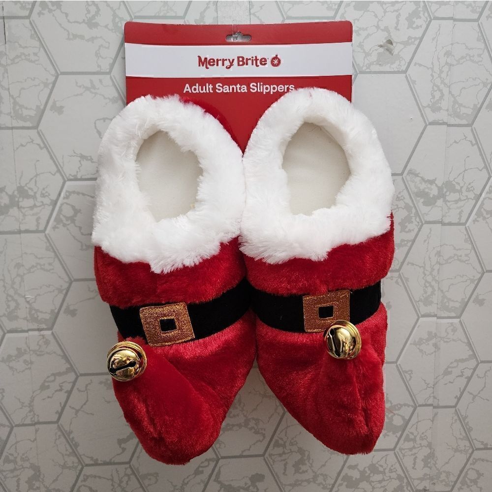 New Women's Merry Brite Adult Santa Plush Slippers with Bells Size M (7-8) woman